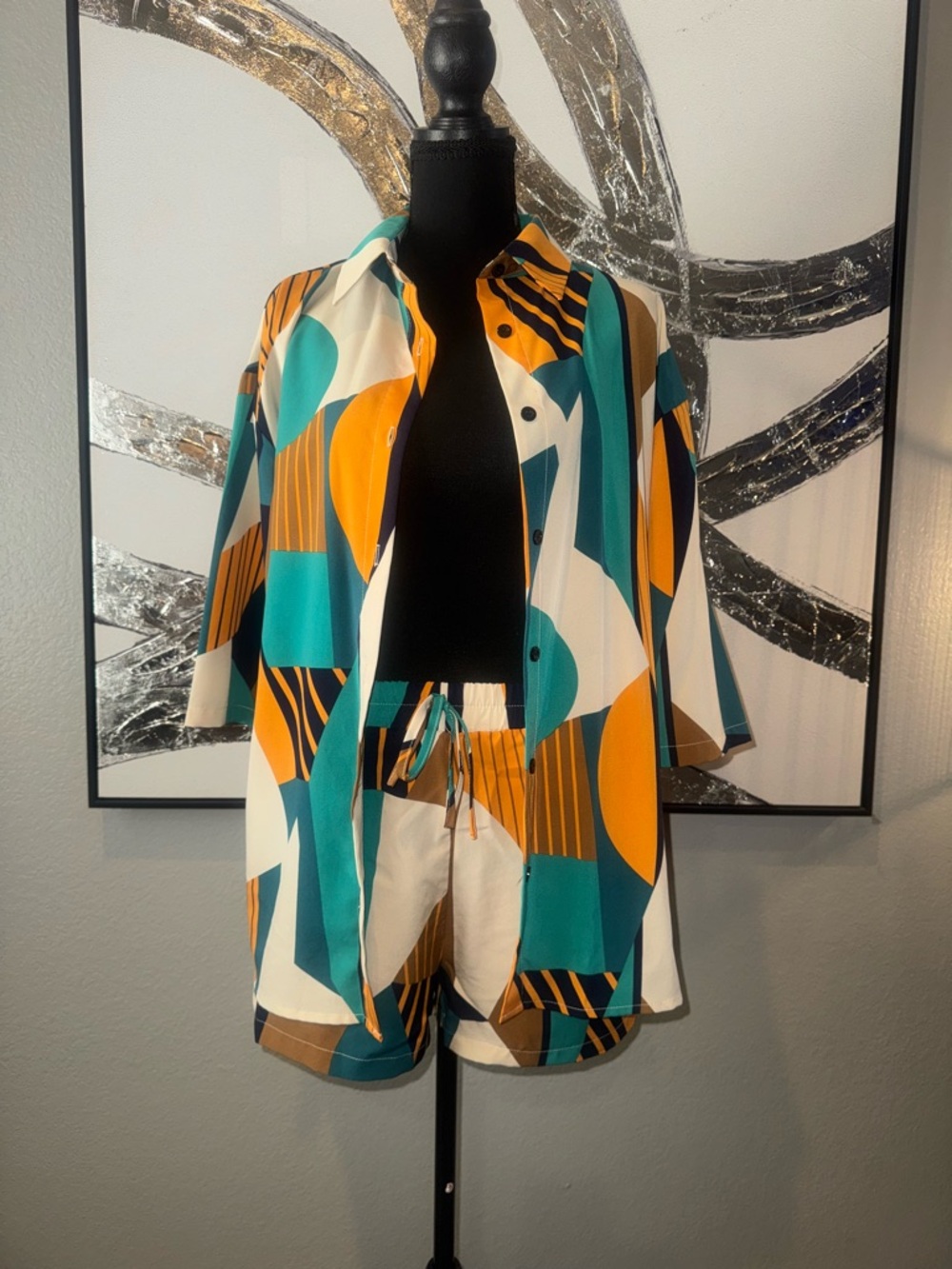 Abstract Geo Print Shirt & Shorts Set in Teal, Mustard & White
